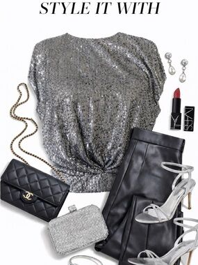 LOFT Metallic Silver Sequin Knot-Front Crop Top